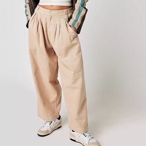 Free People Wide Leg Pleated Trousers in Beige
